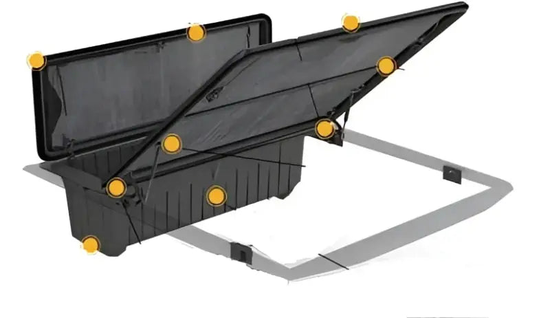 Black truck bed toolbox with open lid for G255010 Stowe Cargo GMC 1500 Bed Kit