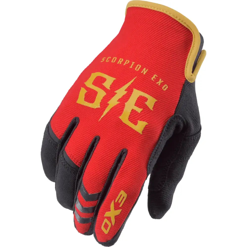 G44-015 Scorpion Exo Air-Stretch Gloves Charge Red/Gold Lg - RV and Auto Parts