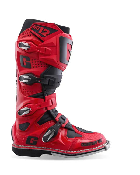 Red and black Gaerne SG12 boot for motocross, size 10, high-performance sg12 boot
