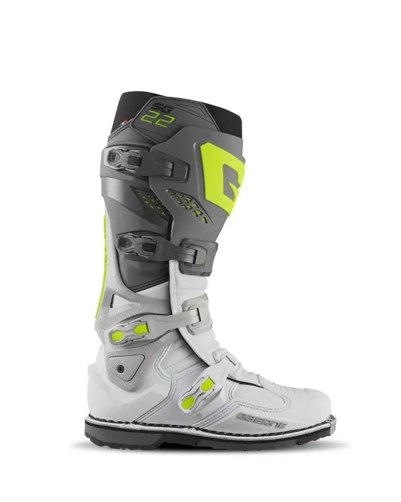 White and gray Gaerne SG22 boot with neon green accents, perfect for motocross fun