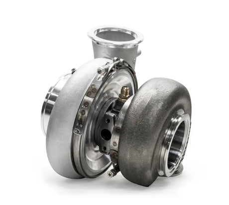 Silver and gray Garrett G45 Turbine HSG in turbine hsg kit for T4/V-Band setups