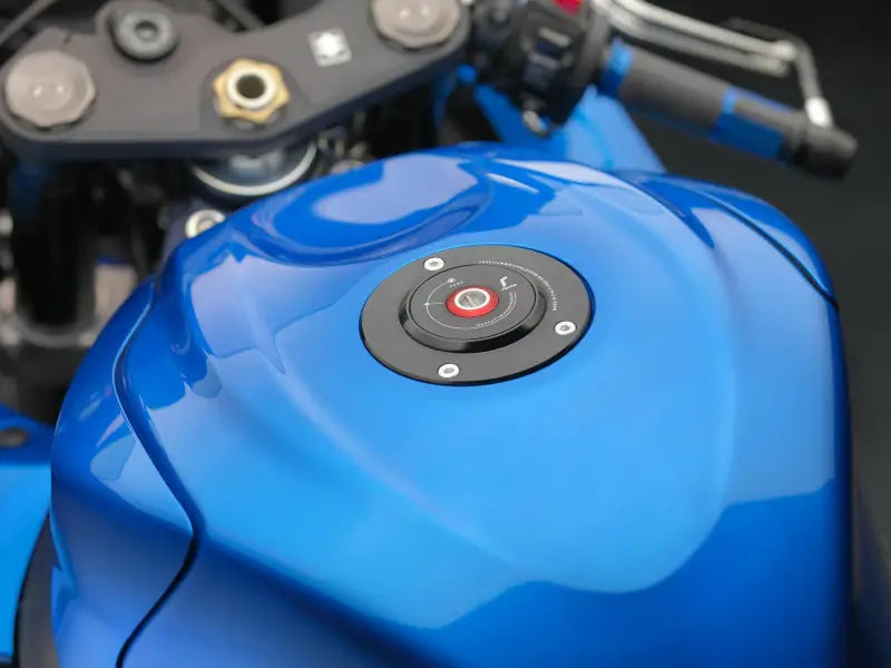 Blue motorcycle fuel tank with gas cap locking for secure cap locking on Suz bike