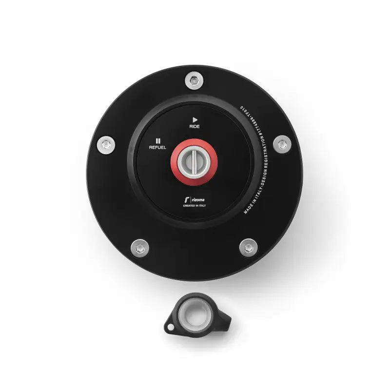Black motorcycle gas cap locking with red and silver accents for secure cap locking