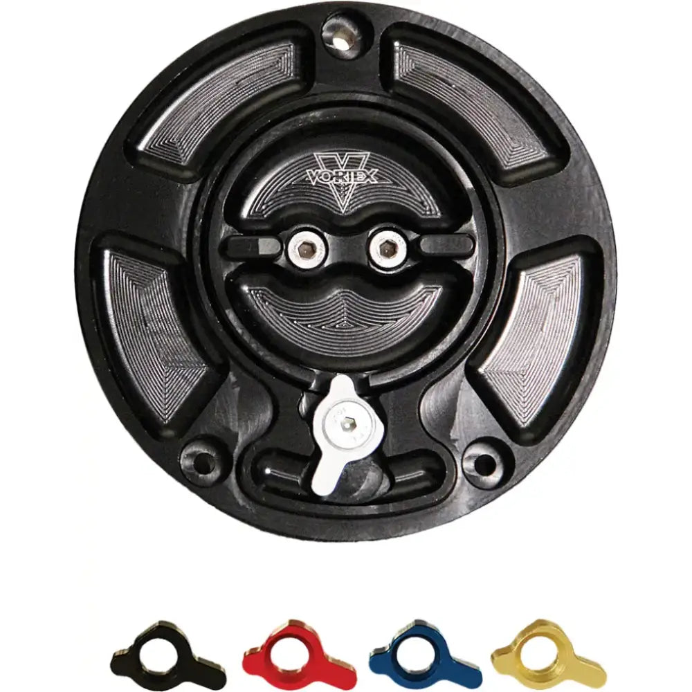 Black motorcycle gas cap with colorful levers for Gas Cap V3 Blk Duc styling