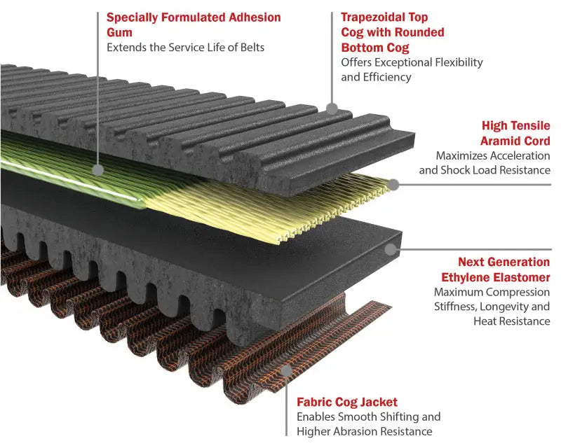 Cross-section of Polaris RZR RedLine CVT Belts showing durable multi-layered construction