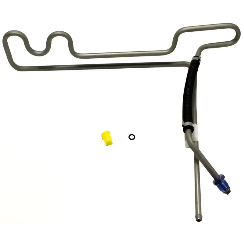 Gates 366158 silver power steering hose with blue fittings and yellow caps
