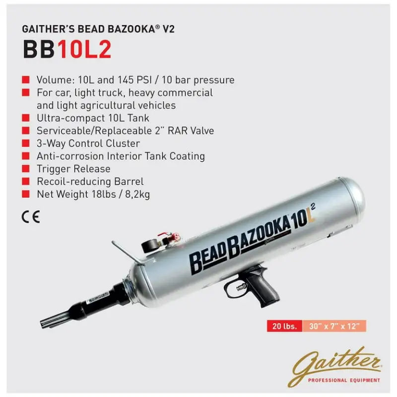 GBB10L2 Gaither Tool 10L Rar Bead Bazooka W/ 2’ Release - Tire Seater