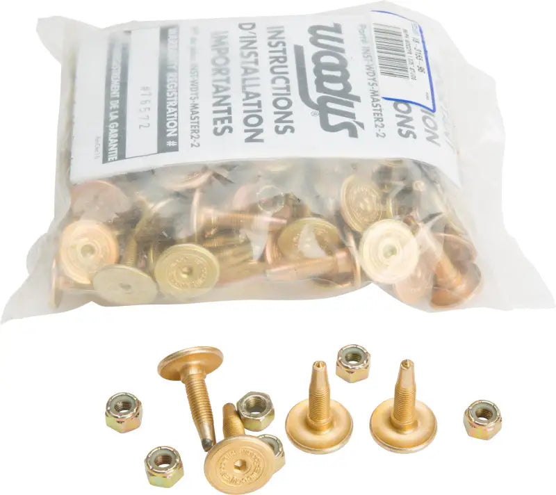 Bag of gold-colored snowmobile studs and nuts for Gold Digger Carbide Traction Master