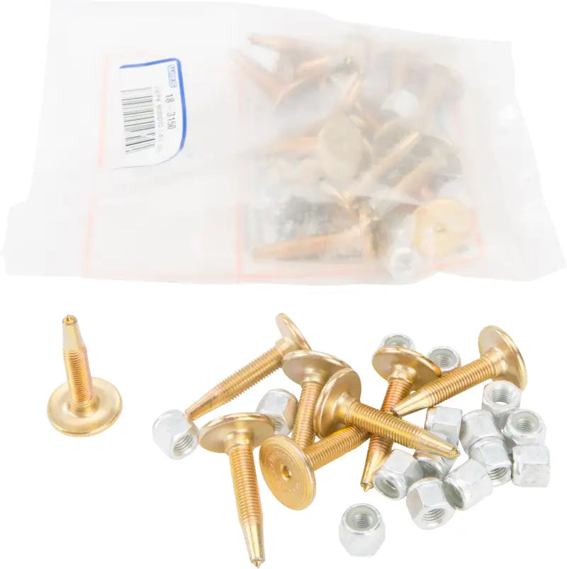 Gold Digger Carbide studs with brass-colored nuts for durable digging tools