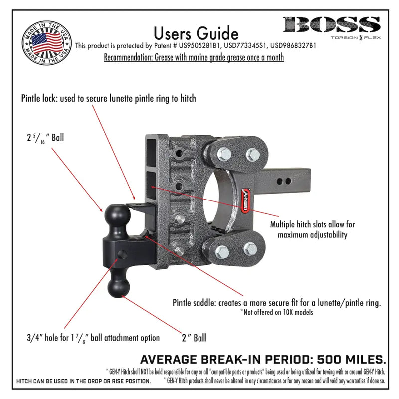 GEN-Y Hitch Made In USA Trailer Hitch Ball Mount GH-2325 - Boss Torsion-Flex 2.5 Shank