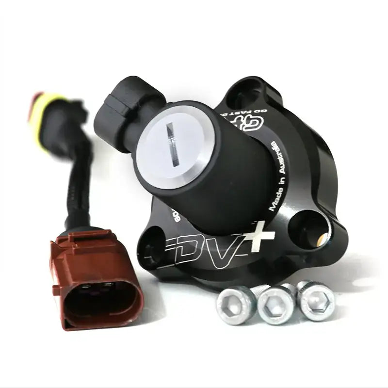 Black and silver GFB Diverter Valve DV+ with electrical connector for Volkswagen TSI TFSI