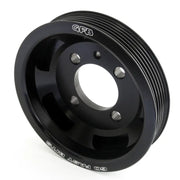 Black GFB Evo under-drive crank pulley with belt for automotive upgrades