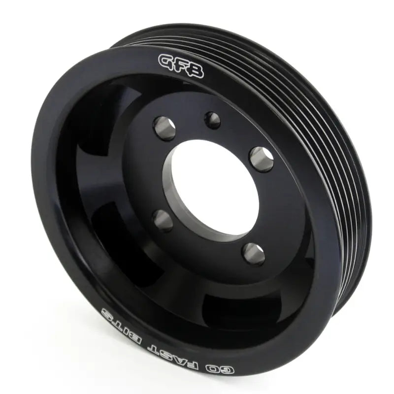 Black GFB Evo under-drive crank pulley with belt for automotive upgrades