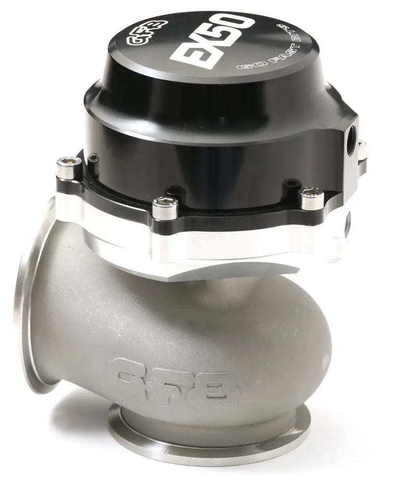 Silver and black turbocharger wastegate for GFB EX50 50mm V-band Wastegate setup