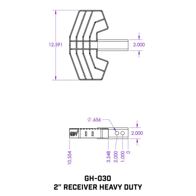 GH-030 Gen-Y Hitch 2' Shank Heavy-Duty 500Lb Serrated dimensions and specifications diagram.