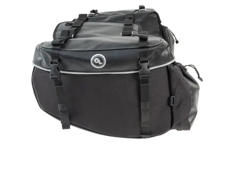 Black Giant Loop Siskiyou panniers with straps on motorcycle for adventure riding