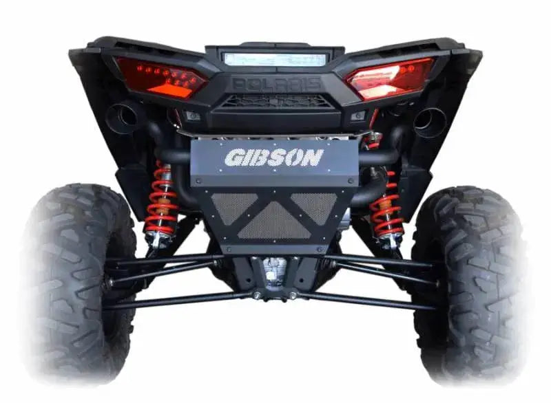 Rear view of black Gibson Polaris RZR UTV beauty plate on Polaris RZR off-road vehicle