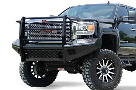 Black GMC truck with aftermarket Fab Fours Ranch Bumper GM14-S3160-1 for tough look