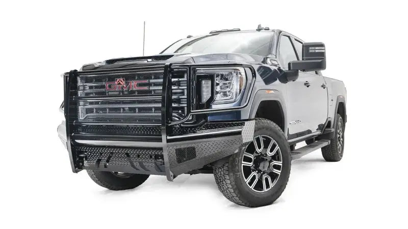 GM20-S5060-1 Fab Fours Black Steel Front on a GMC truck, featuring rugged construction and a sleek black steel finish for enhanced protection and bold style.