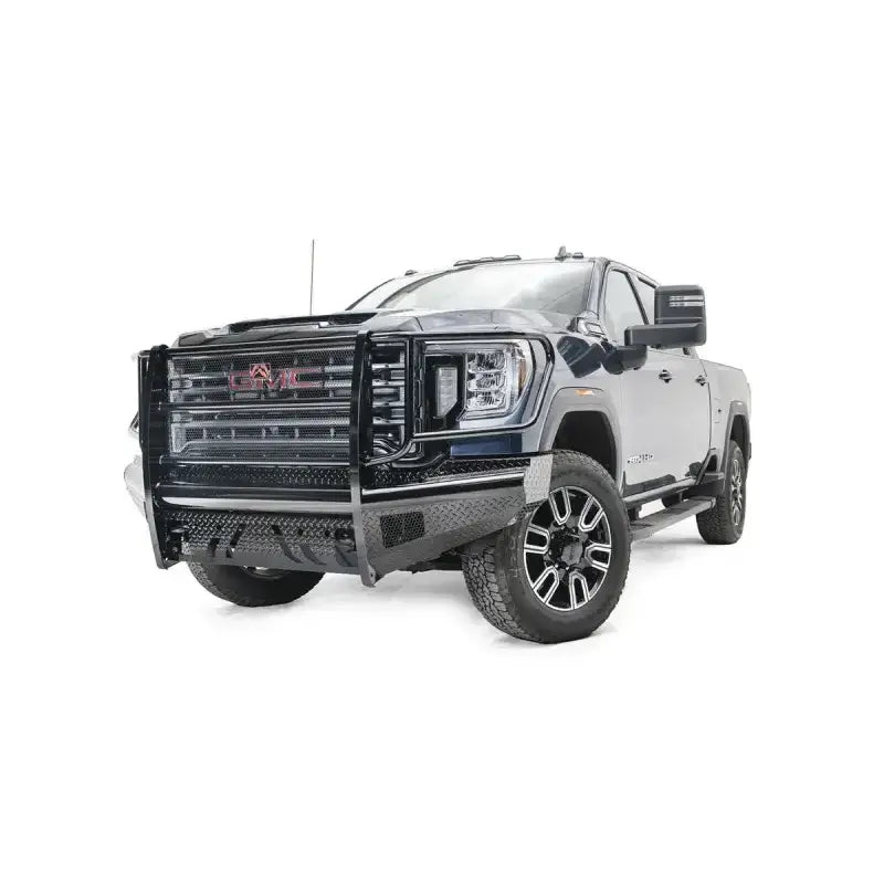 GM20-S5060-1 Fab Fours Black Steel Front on a GMC truck, featuring rugged construction and a sleek black steel finish for enhanced protection and bold style.