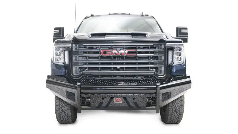 GM20-S5061-1 Fab Fours Black Steel Front bumper on a GMC truck, designed for maximum protection and rugged appearance.