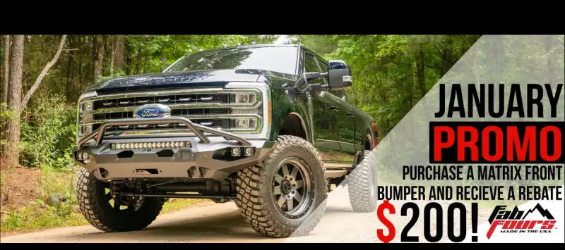 Truck with Fab Fours Matrix Front Bumper on forest trail, advertisement for January promo of $200 rebate.