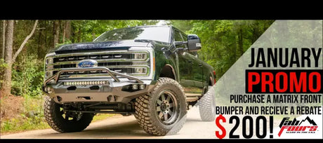 Fab Fours Matrix Front Pr bumper on a rugged off-road truck, surrounded by trees, with a January promo offering a $200 rebate.
