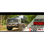 Fab Fours Matrix Front Pr bumper on a rugged off-road truck, surrounded by trees, with a January promo offering a $200 rebate.

