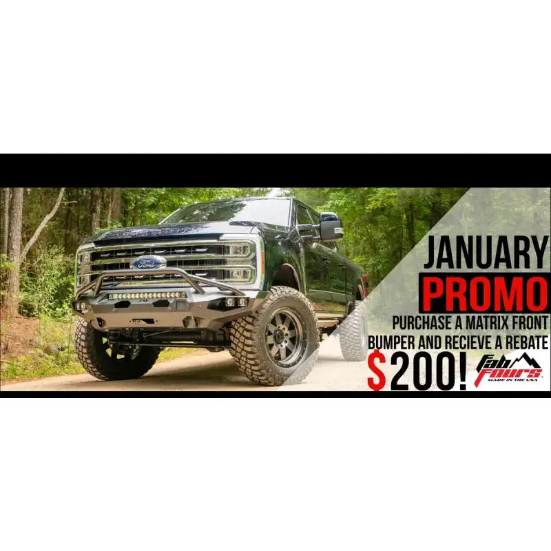 Fab Fours Matrix Front Pr bumper on a rugged off-road truck, surrounded by trees, with a January promo offering a $200 rebate.
