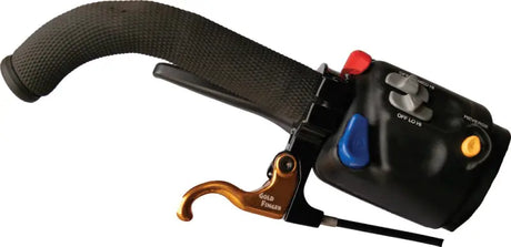 Black hand grip with gold finger lever and controls for Goldfinger Left Throttle Kit