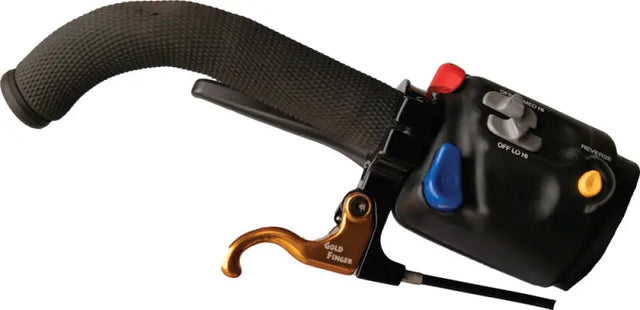 Black hand grip with gold finger lever and controls for Goldfinger Left Throttle Kit