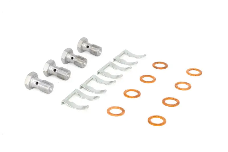 Automotive brake hardware kit with 350z G35 brake lines for G35 brake upgrades