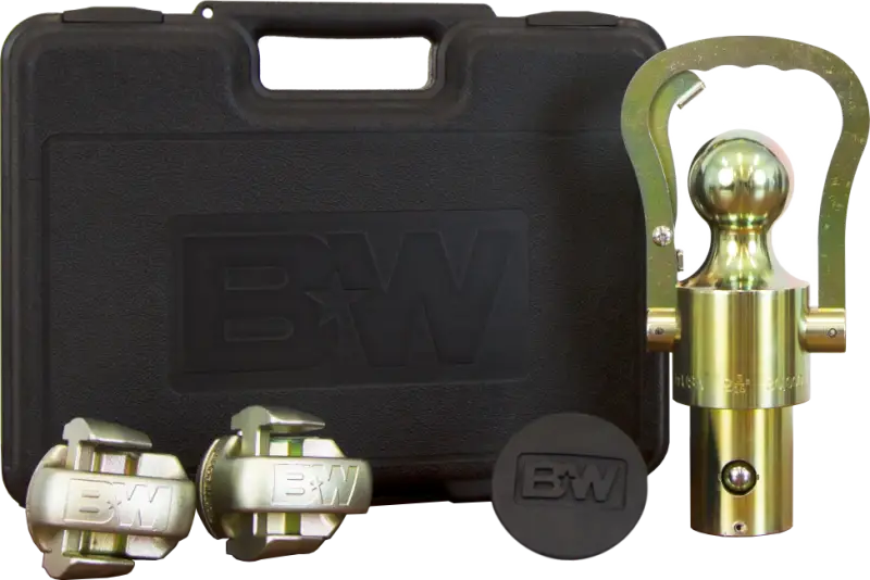 Gooseneck Trailer Hitch Accessory Kit with 2-5/16 inch ball, rubber hole plug, safety chain anchors, and carrying case from B&W, 30000 pound capacity.