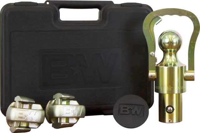 Gooseneck Trailer Hitch Accessory Kit with 2-5/16 inch ball, rubber hole plug, safety chain anchors, and carrying case from B&W, 30000 pound capacity.