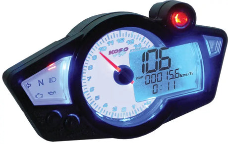 Digital and analog motorcycle dashboard with illuminated display on Gp Style Multi Function Gauge Rx 1n White Panel