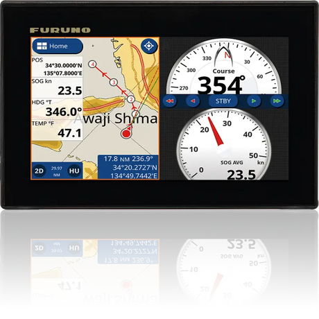 GP1871F Furuno marine chart plotter and CHIRP sounder with 7-inch display showing navigational charts and speedometer readings.