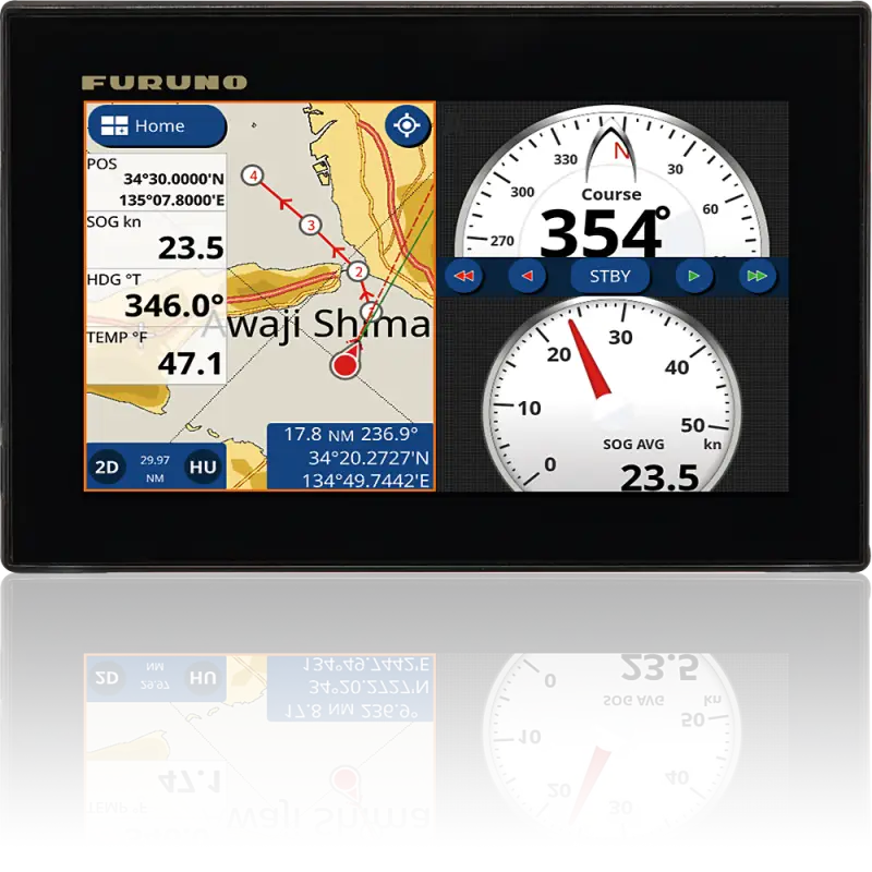 GP1871F Furuno marine chart plotter and CHIRP sounder with 7-inch display showing navigational charts and speedometer readings.