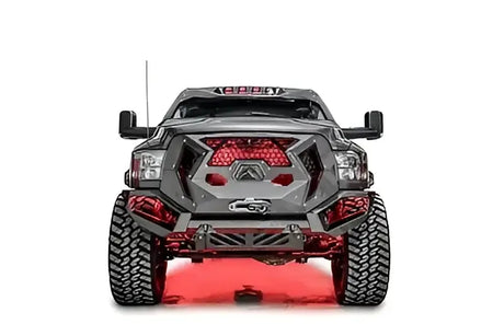 Front view of a Dodge HD truck equipped with the GR2900-1 Fab Fours Grumper, showcasing its integrated grille, aggressive design, and off-road-ready construction.