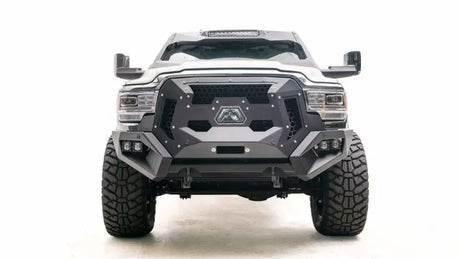 Front view of a Dodge truck featuring the GR4400-1 Fab Fours Grumper, showcasing its rugged, aggressive design, combining grille and bumper for enhanced durability and protection.