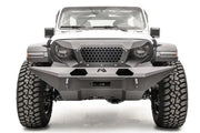 Front view of a white Jeep equipped with GR4610-1 Fab Fours 18 Jp Jl Grumper Full Width, showcasing its aggressive and protective full-width design.