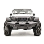 Front view of a white Jeep equipped with GR4610-1 Fab Fours 18 Jp Jl Grumper Full Width, showcasing its aggressive and protective full-width design.