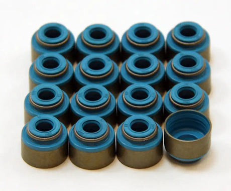 Sixteen blue and bronze valve stem seals for 4G63T Evo engines in a GSC P-D set