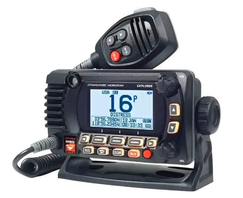 Black marine VHF radio with microphone, standard VHF, optional 2nd station for GX1850B