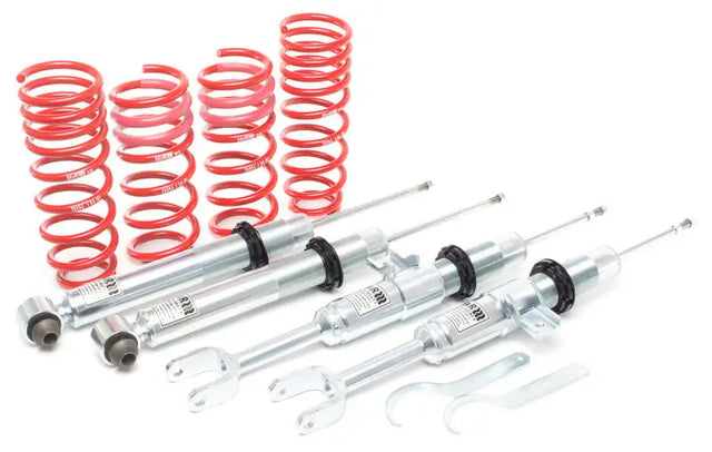 Red springs and silver shock absorbers on H&R coil overs for BMW 528i and 550i F10