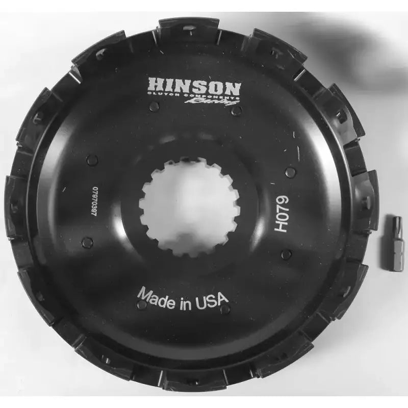 Black H079 Hinson billet clutch basket with internal spline and Made in USA marking