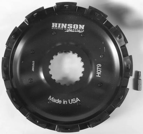 Black H079 Hinson billet clutch basket with internal spline and Made in USA marking