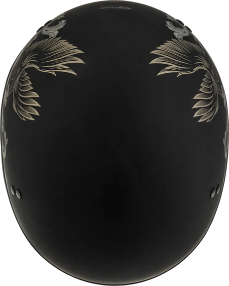 Black corvus helmet with winged designs, matte black helmet for bold style