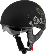 Black matte Corvus helmet with an eagle design for HH-65 Corvus style riding gear