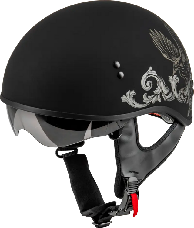 Black matte Corvus helmet with an eagle design for HH-65 Corvus style riding gear