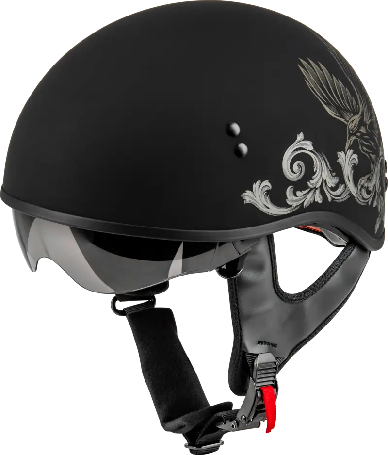 Black matte Corvus helmet with an eagle design for HH-65 Corvus style riding gear